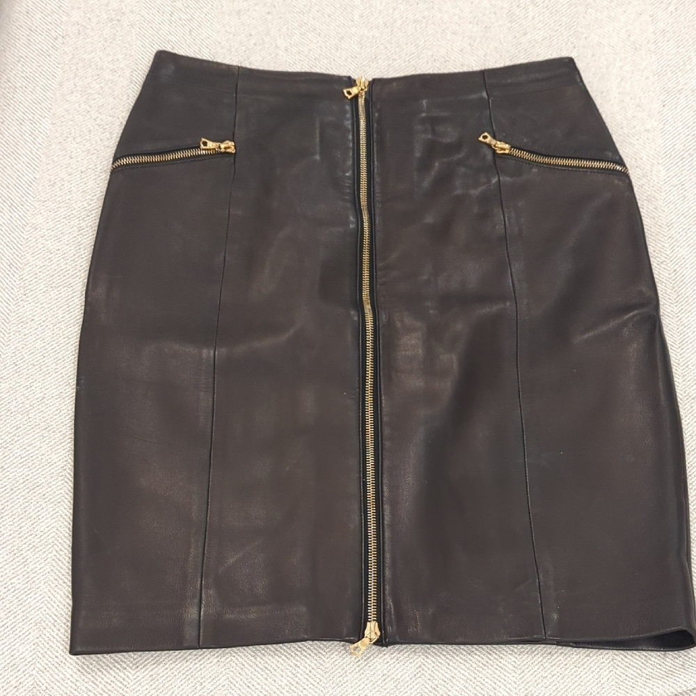 Jbrand soft genuine leather Black Mini Skirt with Gold Accents